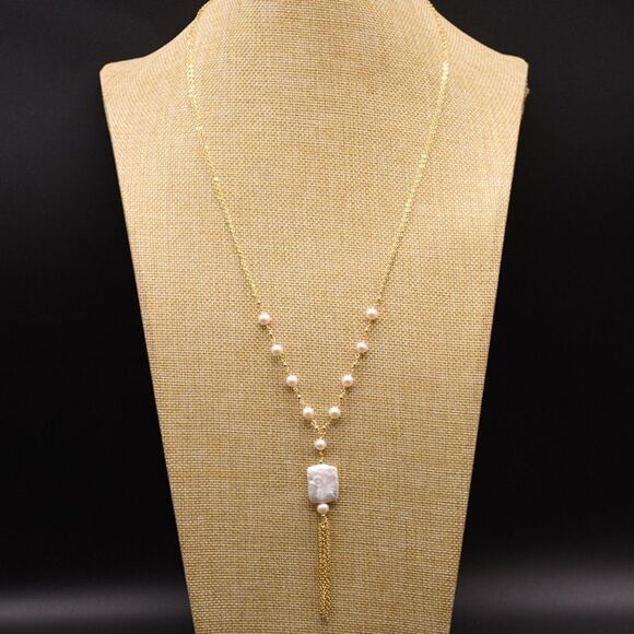 18K GP Baroque Square Pendant Necklace Freshwater Pearls - Picture 1 of 3
